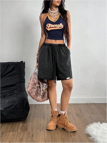 OYOANGLE Women's Sweat Shorts Washed Drawstring Waist Letter Patched Wide Leg Shorts with Pockets in Saudi Arabia