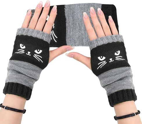 قفازات محبوكة مطرزة على شكل قطة، قفاز نسائي كاجوال عصري دافئ متسرب من الأصابع، قفازات بدون أصابع للنساء in Kuwait