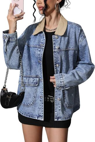 ELLEVEN Oversized Barn Denim Jackets for Women, Boyfriend Contrast Collar Button Down Jean Jacket Coats with Pockets in Saudi Arabia