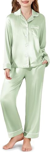 Arshiner Girls Pajamas Silk Satin Pajama Set Long Sleeve Pjs Button Down Sleepwear in Saudi Arabia