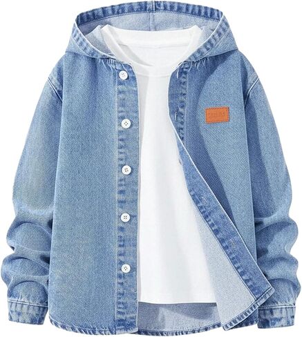 MakeMeChic Boy's Hooded Denim Jacket Long Sleeve Single Breasted Jean Coats Outerwear in Saudi Arabia