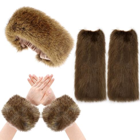 choyaxo White Fur Headband Set Incluidng Fur Headband Fuzzy Leg Warmers Fluffy Wrist Cuff for Woman Winter in Saudi Arabia