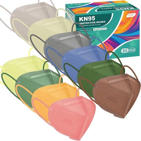 XDX KN95 Face Masks, 10 Colors 60 Packs Individually Wrapped KN95 Face Masks for Men and Women, 5 Layers Masks Disposable with Elastic Ear loop, Filter Efficiency ≥95% in Saudi Arabia