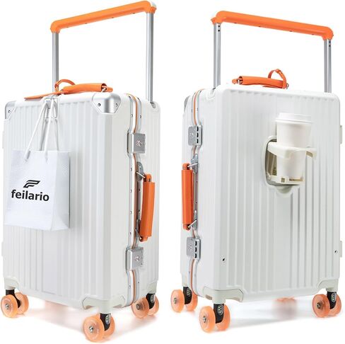 feilario 20" Aluminum Frame Wide Handle Hard Shell Carry On Suitcase - Vivid Colors Double Spinner Wheels Airline Approved Rolling Luggage with TSA Lock & Cup Holder (Silver, 20in) in Kuwait