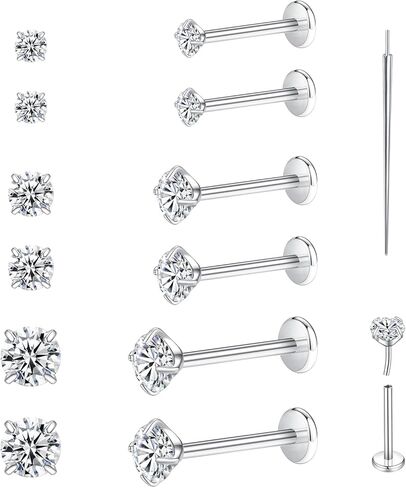 G23 Titanium Flat Back Stud Earrings, 18G 6/8/10mm Threadless CZ Tragus Cartilage Conch or Lip Labret Piercing Jewelry, 3 Pairs Hypoallergenic for Women and Men in Saudi Arabia