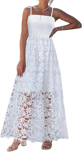 popvil Women Maxi Dress A-Line Spaghetti Strap Summer 2026 Sun Long Dress Boho Casual Flowy Smocked Sleeveless Dress in Saudi Arabia