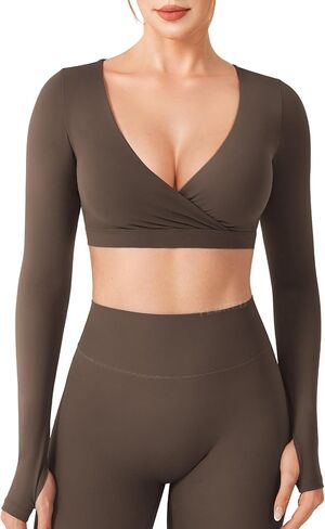 YEOREO Women Workout Long Sleeve Crop Tops Aberney Double Lined Deep V Cross Front Padded Yoga Cropped T Shirt in Saudi Arabia