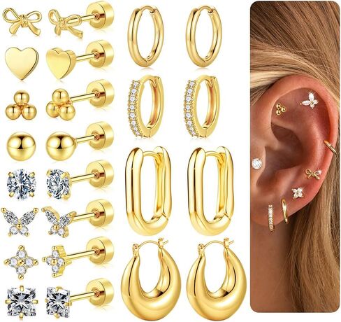 M MOOHAM 925 الفضة الاسترليني آخر أقراط مسمار الظهر المسطحة للنساء - 14K الذهب أقراط هوب مكتنزة القرط هيبوالرجينيك للآذان الحساسة مجموعة القرط لهدايا مجوهرات ثقب متعددة in Kuwait