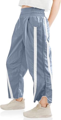 Girls Wide Leg Pants Kids Striped Elastic Waist High Waisted Track Pants with Pockets 7-14 Years in Saudi Arabia