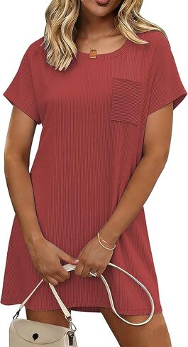 Ekouaer Nightgowns for Women Ribbed Viscose Sleep Shirts T-shirt Sleep Dress Short Sleeve Night Shirt with Chest Pocket S-2XL in Saudi Arabia