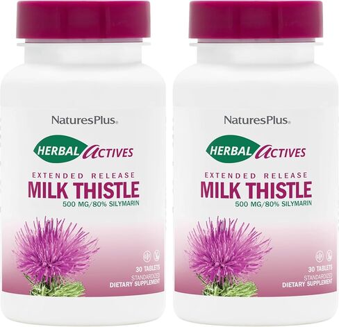 NaturesPlus Herbal Actives Milk Thistle، إصدار ممتد - 500 مجم، 80٪ سيليمارين، 30 قرص نباتي - خالي من الغلوتين - 30 وجبة in Kuwait