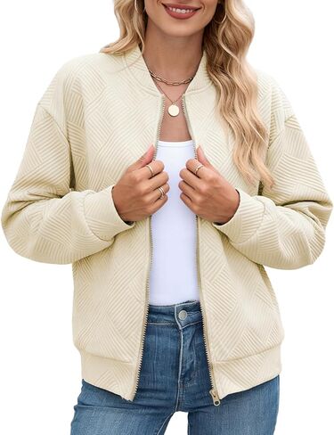 Schine Women's Lightweight Textured Bomber Jacket - Zip Front Crew Neck Loose Fit Long Sleeve Comfortable Casual Outerwear in Kuwait