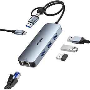 محول BENFEI 2in1 USB-C/USB 3.0 إلى Ethernet مع 3 منافذ USB 3.0 متوافقة مع iPhone 15 Pro/Max وMacBook Pro/Air 2023 وiPad Pro وiMac وS23 وXPS 17 وSurface Book 3 والمزيد in Kuwait