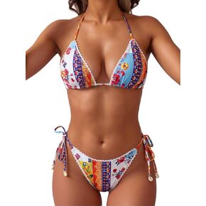 Tainehs Women's Halter Triangle Bikini Sets Sexy String Two Piece Swimsuits Lace Trim Bathing Suit in Kuwait