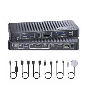 محطة إرساء الوصول إلى AV، مفتاح KVM مزدوج الشاشة لأجهزة الكمبيوتر المحمول وسطح المكتب، شحن من النوع C 60 وات للكمبيوتر المحمول، إيثرنت، EDID، مع HDMI ومنفذ DisplayPort، USB-C MST مزدوج 4K@60 هرتز، 1080P@240 هرتز، 2K@144 هرتز، USB 3.0، ألومنيوم in Kuwait