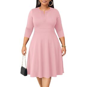 Runwind Plus Size Midi Dress for Women Casual Cocktail Church 3/4 Sleeve V Neck Work A-Line Dresses with Pockets in Kuwait