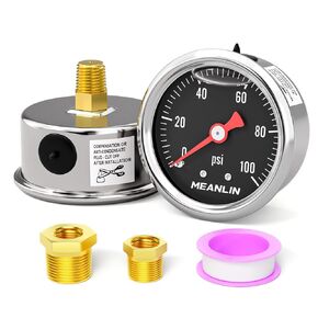 MEANLIN MEASURE 0~100Psi Stainless Steel 1/8" NPT 1.5" FACE DIAL, Glycerin Filled Fuel Pressure Gauge, Liquid Filled, Back Mount(Black) with 1/8" x 1/4" NPT and 1/8" x 3/8" NPT Hex Bushing in Kuwait
