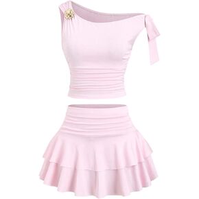 MakeMeChic Women's 2 Piece Fall Outfits Brown Metal 3D Floral Asymmetrical Tops and Ruffle Tiered Mini Skirt Sets in Saudi Arabia