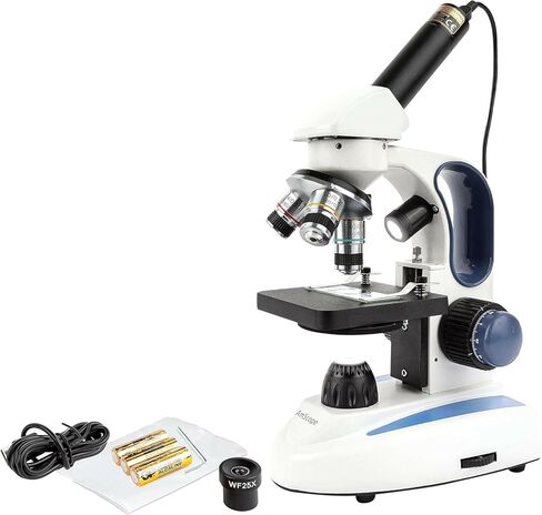 AmScope M158C-2L-E1 Digital Cordless Compound Monocular Microscope, WF10x and WF25x Eyepieces, 40x-1000x Magnification, Upper and Lower LED Illumination with Rheostat, Brightfield, Single-Lens Condenser, Coaxial Coarse and Fine Focus, Plain Stage, 110V or in Saudi Arabia