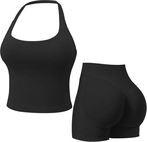 Workout Sets for Women 2 Piece Gym Outfits Seamless Longline Halter Backless Crop Top Scrunch Bum Shorts Tracksuit in Saudi Arabia