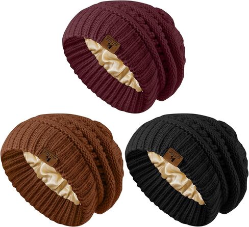 3 Pack Satin Lined Beanie for Women Men Winter Slouchy Cap Adult Soft Knit Hat with Satin Lining One Size Fits Most in Saudi Arabia
