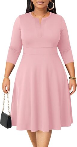 Runwind Plus Size Midi Dress for Women Casual Cocktail Church 3/4 Sleeve V Neck Work A-Line Dresses with Pockets in Saudi Arabia
