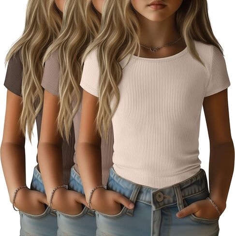 3 Pack Girls Shirts Cotton Basic Tees Ribbed Knit Slim Fit T Shirts Boat Neck Tops Casual for Kids Ages 5-14 in Kuwait