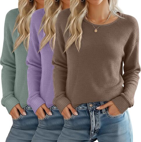 3 Pack Women's Waffle Knit Long Sleeve Shirts, Crew Neck Slim Fit Thermal Tops Casual Stretch Basic Pullover in Saudi Arabia