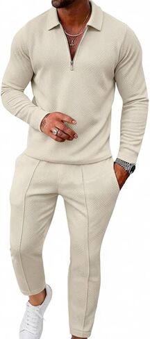طقم رجالي للتمرين بأكمام طويلة، قميص بولو للجولف مع بنطال، أبيض in Kuwait