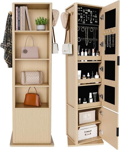 360° Rotating Makeup Jewelry Armoire Cabinet, Mirror Jewelry Cabinet Standing with a Full-Length Mirror, Storage Cabinet a Coat Rack, 4 Layers of Open 2 Layers of Built-In Shelves (Walnut) in Saudi Arabia