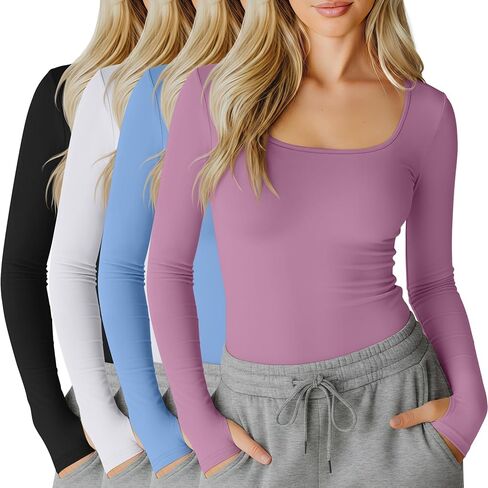 4 Pack Women's Compression Shirts Long Sleeve Workout Yoga Tops Square Neck Athletic Thumb Holes Tight Tees in Saudi Arabia