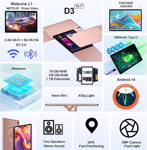 جهاز لوحي DMOAO مقاس 10.1 بوصة 2 في 1 يعمل بنظام Android 13 مع ذاكرة وصول عشوائي 14(8+6) جيجابايت وذاكرة وصول عشوائي 128 جيجابايت (1 تيرابايت TF)، وحدة معالجة مركزية ثماني النواة بسرعة 2.0 جيجاهرتز، 8000 مللي أمبير في الساعة، 5G/2.4G WiFi، نظام تحديد المو in Kuwait