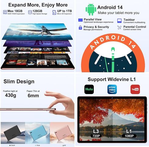 جهاز لوحي DMOAO مقاس 10.1 بوصة 2 في 1 يعمل بنظام Android 13 مع ذاكرة وصول عشوائي 14(8+6) جيجابايت وذاكرة وصول عشوائي 128 جيجابايت (1 تيرابايت TF)، وحدة معالجة مركزية ثماني النواة بسرعة 2.0 جيجاهرتز، 8000 مللي أمبير في الساعة، 5G/2.4G WiFi، نظام تحديد المو in Kuwait