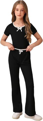 Verdusa Girl's 2 Piece Bowknot Outfits Crew Neck Summer Tops with Flare Pants Set in Saudi Arabia