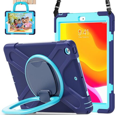 حافظة iPad 10.2 الجيل التاسع 2021 / الجيل الثامن 2020 / الجيل السابع 2019، حافظة متينة متينة مضادة للصدمات للأطفال مع واقي شاشة، حامل دوار/حامل قلم رصاص/حزام كتف لجهاز iPad 10.2 بوصة - وردي ملون in Kuwait