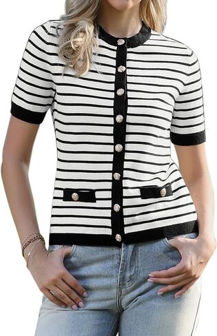 Allegra K Striped Cardigan for Women's Short Sleeve Button Down Knitted Sweater Casual Crew Neck Tops in Saudi Arabia