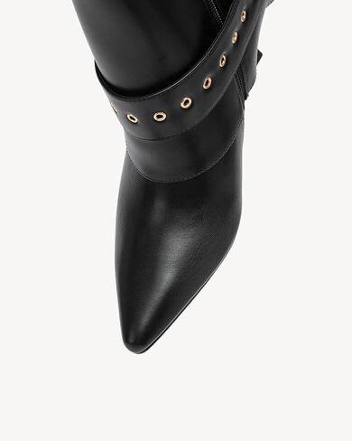 NEWBELLA Women's Pointed Toe Ankle Boots – High Heel Short Booties with Gold Buckle Strap, Slip-On Side Zipper Fashion Dress Boots for Fall Winter in Saudi Arabia