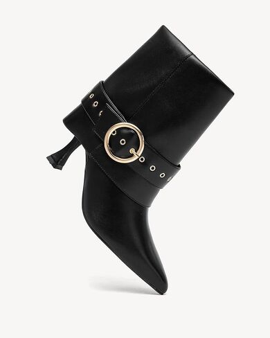 NEWBELLA Women's Pointed Toe Ankle Boots – High Heel Short Booties with Gold Buckle Strap, Slip-On Side Zipper Fashion Dress Boots for Fall Winter in Saudi Arabia