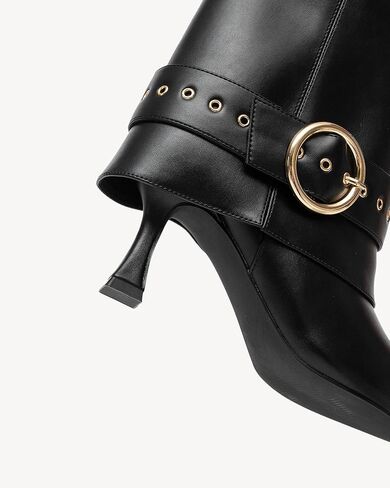 NEWBELLA Women's Pointed Toe Ankle Boots – High Heel Short Booties with Gold Buckle Strap, Slip-On Side Zipper Fashion Dress Boots for Fall Winter in Saudi Arabia