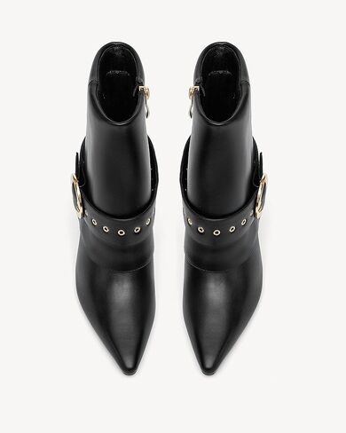 NEWBELLA Women's Pointed Toe Ankle Boots – High Heel Short Booties with Gold Buckle Strap, Slip-On Side Zipper Fashion Dress Boots for Fall Winter in Saudi Arabia