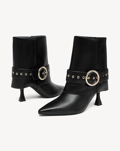 NEWBELLA Women's Pointed Toe Ankle Boots – High Heel Short Booties with Gold Buckle Strap, Slip-On Side Zipper Fashion Dress Boots for Fall Winter in Saudi Arabia
