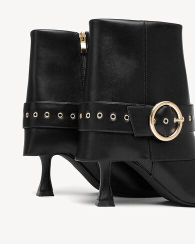 NEWBELLA Women's Pointed Toe Ankle Boots – High Heel Short Booties with Gold Buckle Strap, Slip-On Side Zipper Fashion Dress Boots for Fall Winter in Saudi Arabia