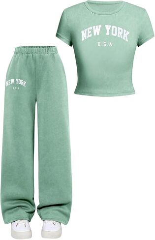 OYOANGLE Girl's 2 Piece Outfits Letter Graphic Short Sleeve Crop Top and Pants Clothing Set in Saudi Arabia