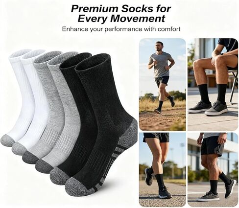 Men's Socks - Breathable, Moisture-Wicking, Non-Slip & Comfortable (3-Pack, Black/Gray/White) Size 6-13 in Saudi Arabia