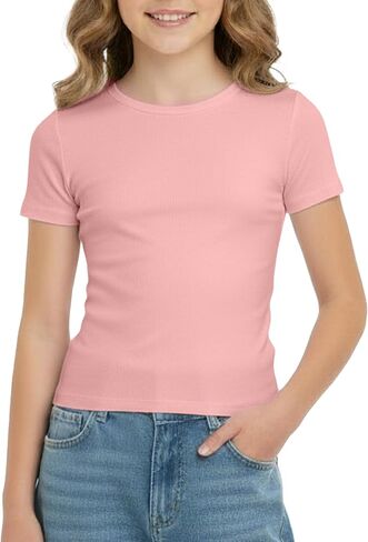 PATPAT Girls Slim Fit Shirts 5-16 Years Short Sleeve Crewneck Crop Tops Knit Summer Casual Basic Tees in Saudi Arabia
