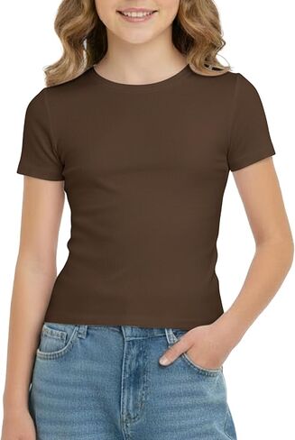 باتبات بنات سليم قمصان مناسبة 5-16 سنة قصيرة الأكمام Crewneck المحاصيل القمم متماسكة الصيف عادية الأساسية تيز in Kuwait