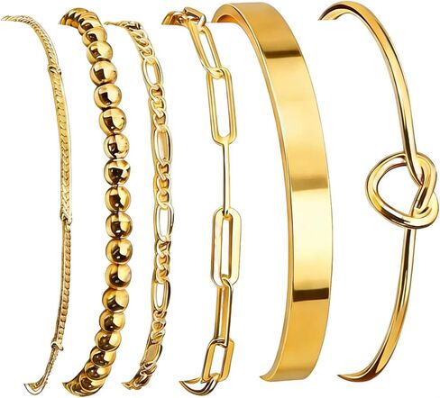 6Pcs Gold Bangle Bracelets for Women 14K Gold Plated Non Tarnish Waterproof Fashion Trendy Stackable Chunky and Thin Bracelet Sets for Women in Saudi Arabia