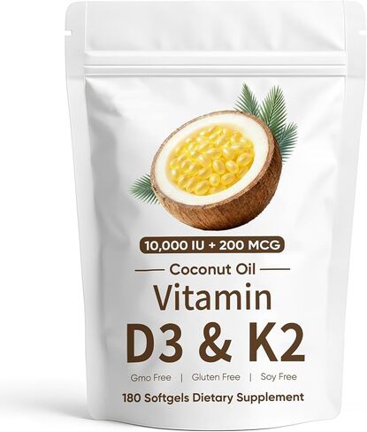 CrownHer Naturals D3 K2، CrownHer Natural Vitamin D3 10000 IU + K2 200 MCG، فيتامين D3 وK2 كبسولات هلامية لينة من زيت جوز الهند للعظام وصحة المناعة، تعزز امتصاص الطاقة والكالسيوم، 180 جل (1) in Saudi Arabia