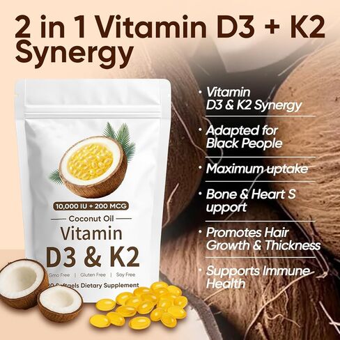 CrownHer Naturals D3 K2، CrownHer Natural Vitamin D3 10000 IU + K2 200 MCG، فيتامين D3 وK2 كبسولات هلامية لينة من زيت جوز الهند للعظام وصحة المناعة، تعزز امتصاص الطاقة والكالسيوم، 180 جل (1) in Saudi Arabia