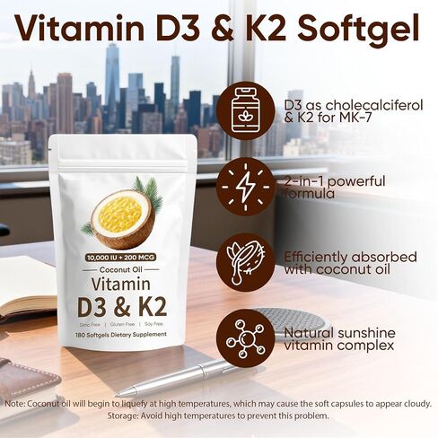 CrownHer Naturals D3 K2، CrownHer Natural Vitamin D3 10000 IU + K2 200 MCG، فيتامين D3 وK2 كبسولات هلامية لينة من زيت جوز الهند للعظام وصحة المناعة، تعزز امتصاص الطاقة والكالسيوم، 180 جل (1) in Saudi Arabia